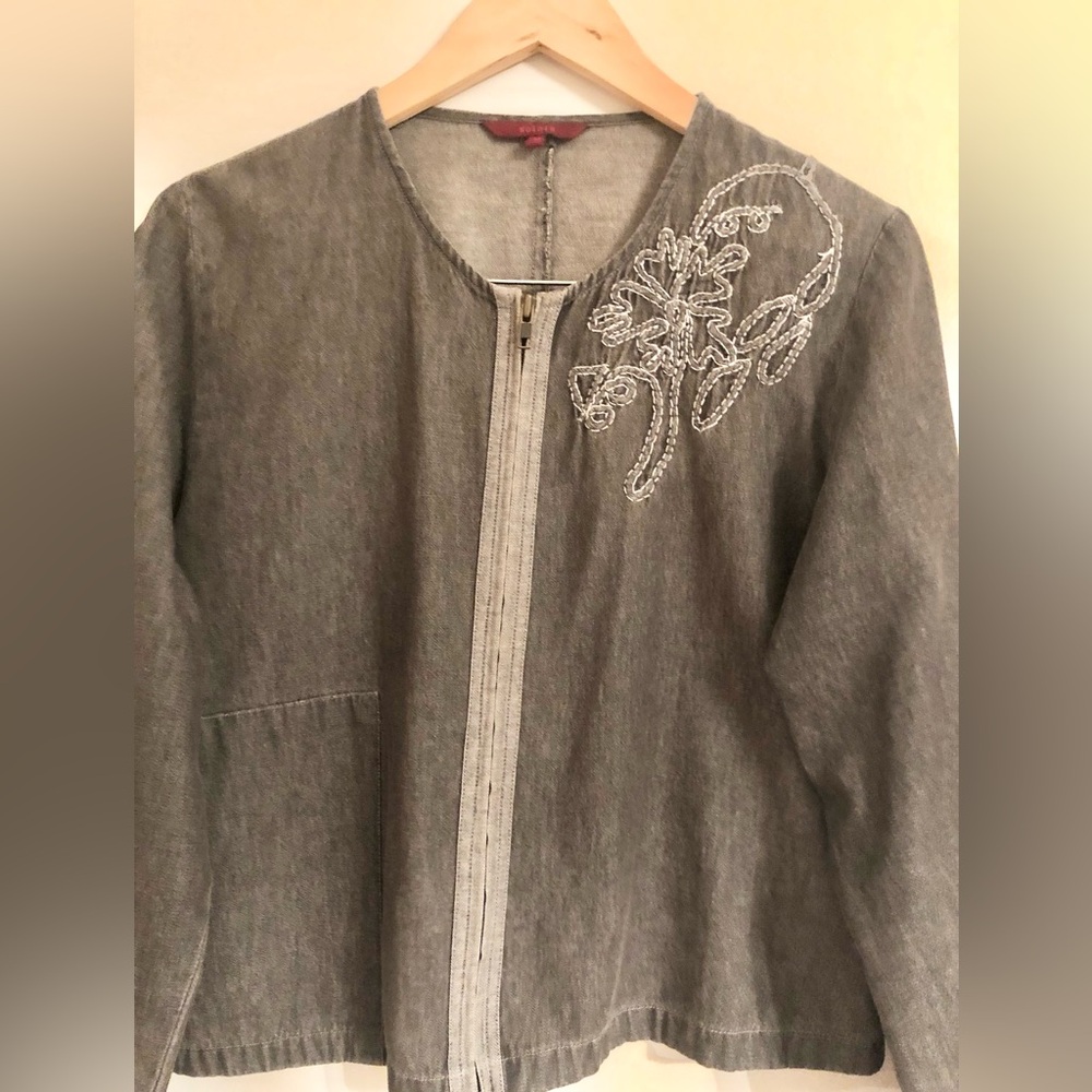 Solola Gray Box Denim Jacket with Embroidery Size 40- EUC